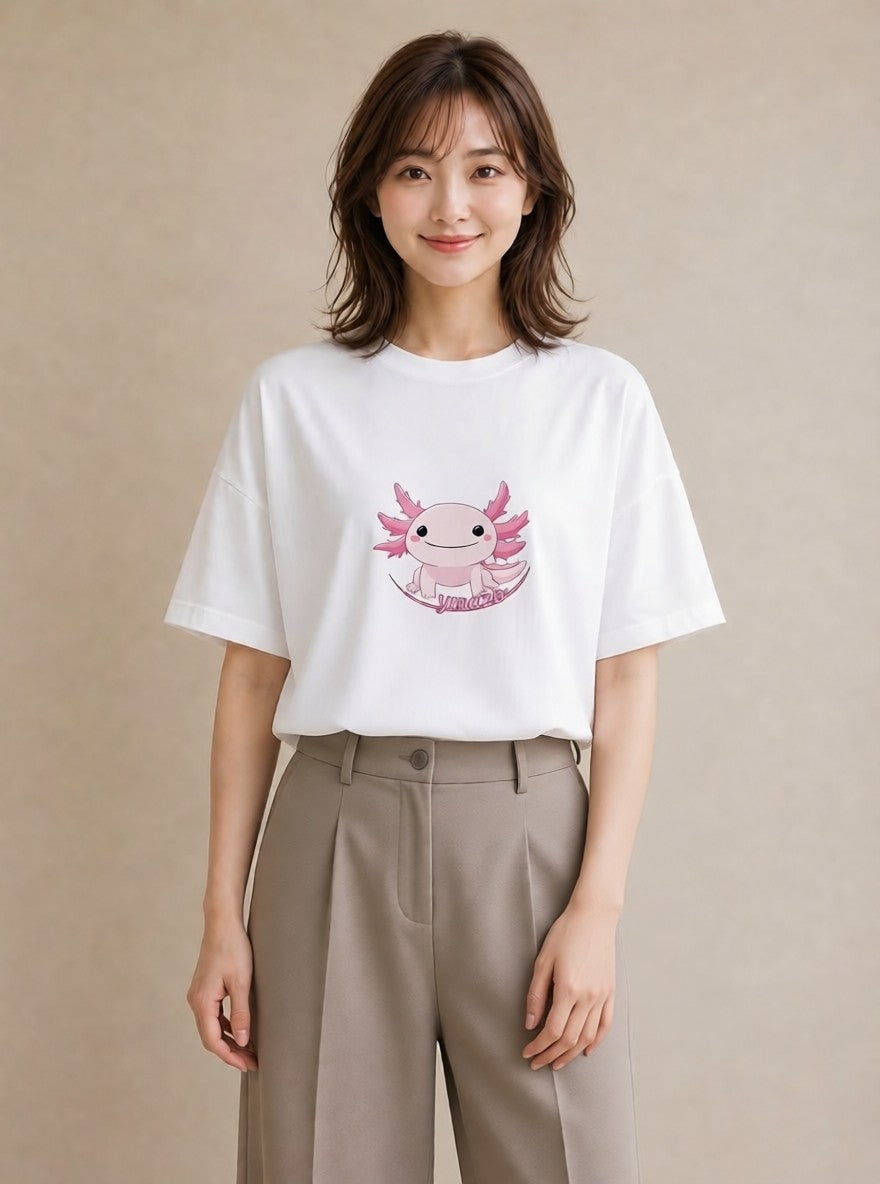 デザインTシャツ レディース ウーパールーパー ペット 動物 イラスト レトロ 公園 ママ 白T YMAZO