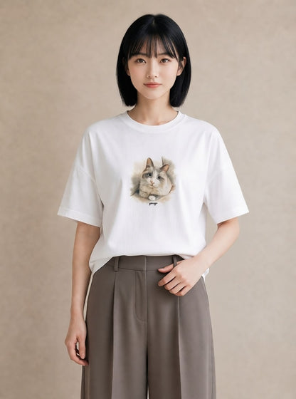 Tシャツ レディース ねこ 猫 ネコ イラスト 可愛い ホワイトデー 春服 白T YMAZO