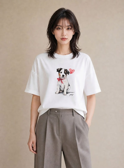 半袖Tシャツ レディース いぬ 犬 ワンコ イラスト シック ルームウェア ギフト 白T YMAZO