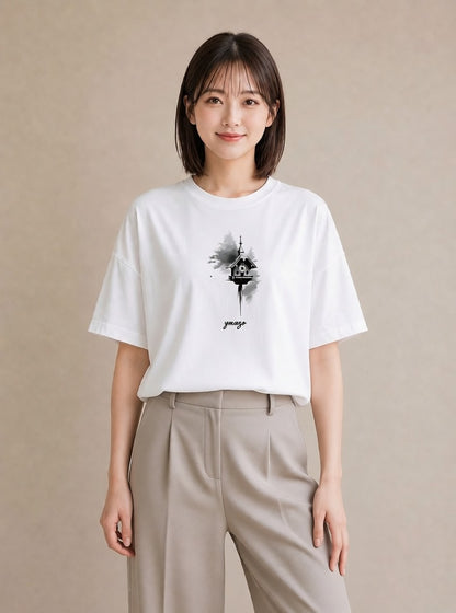 半袖Tシャツ レディース 遠い家と鳥 風景 鳥 ナチュラル アンティーク イラスト こなれ感 通勤 在宅 白T YMAZO