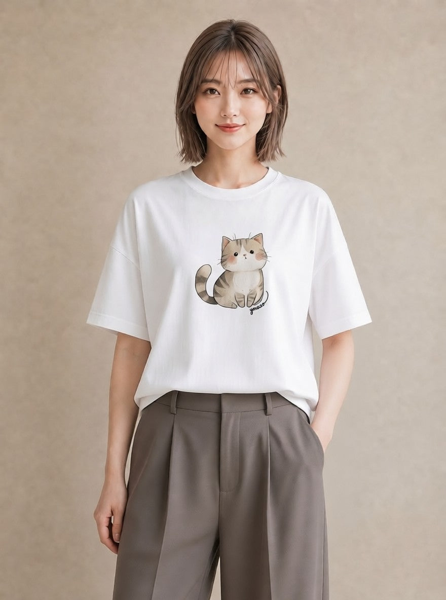 プリントTシャツ レディース エキゾチックショートヘア 猫 ねこ イラスト フェミニン 在宅 公園 白T YMAZO