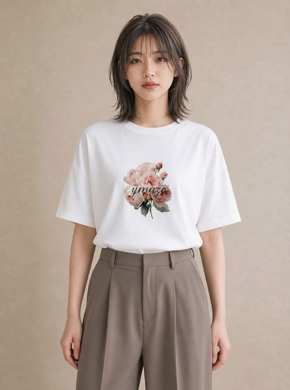 半袖Tシャツ レディース バラ 薔薇 ローズ 花 花柄 イラスト こなれ感 部屋着 女性向けギフト 白T