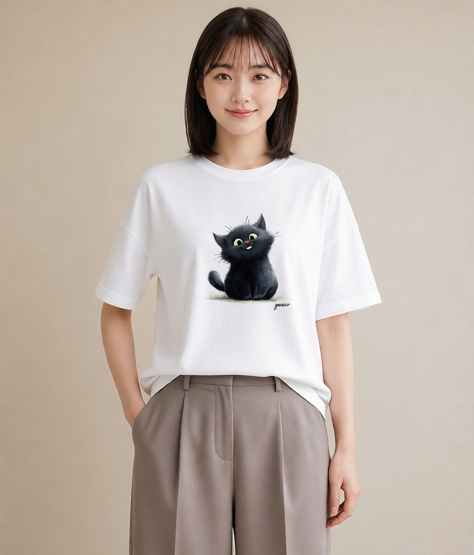 半袖Tシャツ レディース 黒猫 猫 ねこ イラスト アート風 普段着 週末コーデ 白T YMAZO