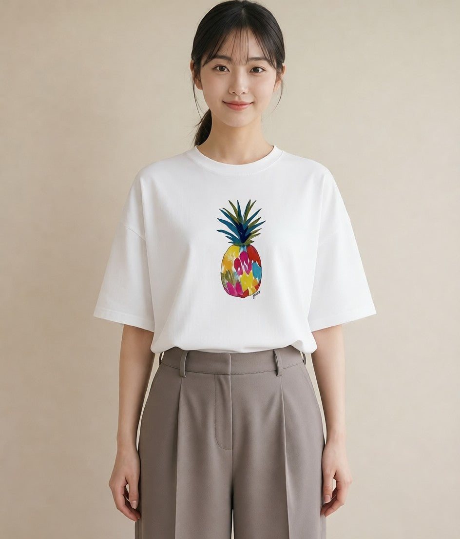 プリントTシャツ レディース パイナップル 食べ物 フード イラスト フェミニン 春服 ミセス 白T YMAZO