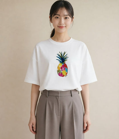 プリントTシャツ レディース パイナップル 食べ物 フード イラスト フェミニン 春服 ミセス 白T YMAZO