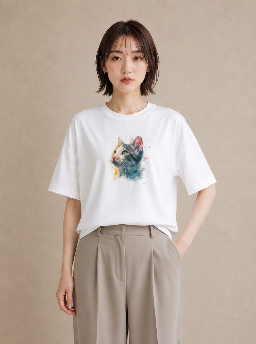 プリントTシャツ レディース ロシアンブルー 猫 ねこ イラスト ビーチ デイリーウェア 白T YMAZO