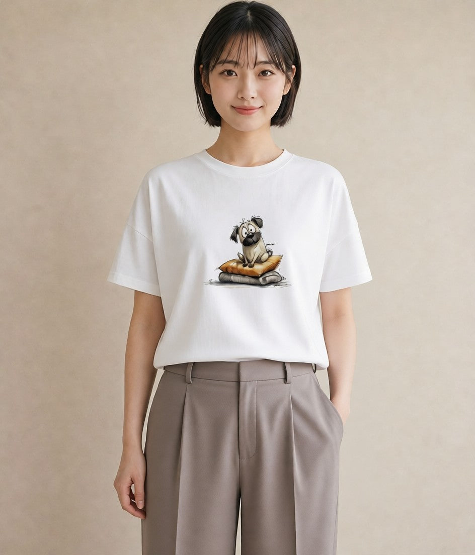 グラフィックTシャツ レディース パグ 犬 いぬ イラスト カフェコーデ カジュアルコーデ 買い物 白T YMAZO