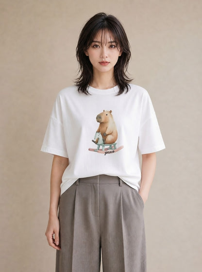 デザインTシャツ レディース モルモット ペット 動物 イラスト 淡色 旅行用 海 白T YMAZO