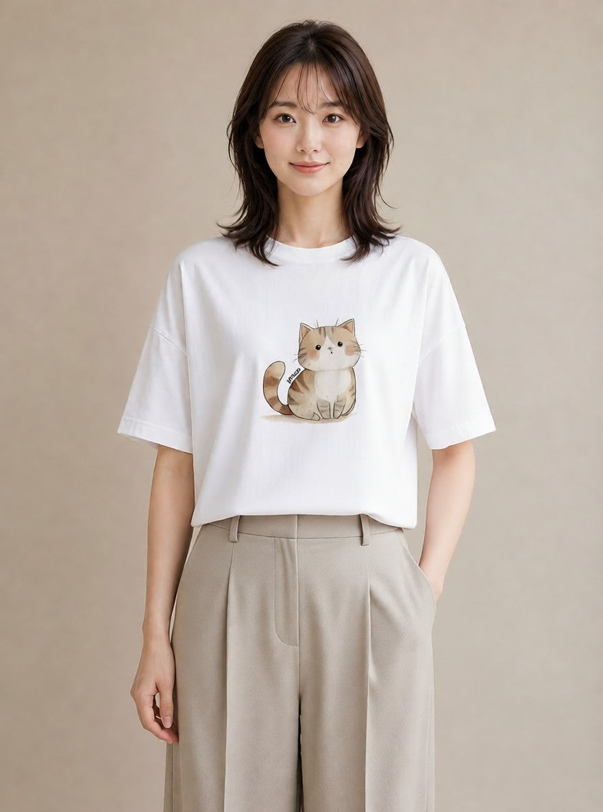 半袖Tシャツ レディース しっぽ 猫 ねこ イラスト きれいめカジュアル お揃い 親子 白T YMAZO