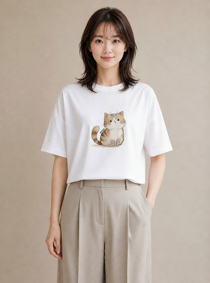 半袖Tシャツ レディース しっぽ 猫 ねこ イラスト きれいめカジュアル お揃い 親子 白T YMAZO