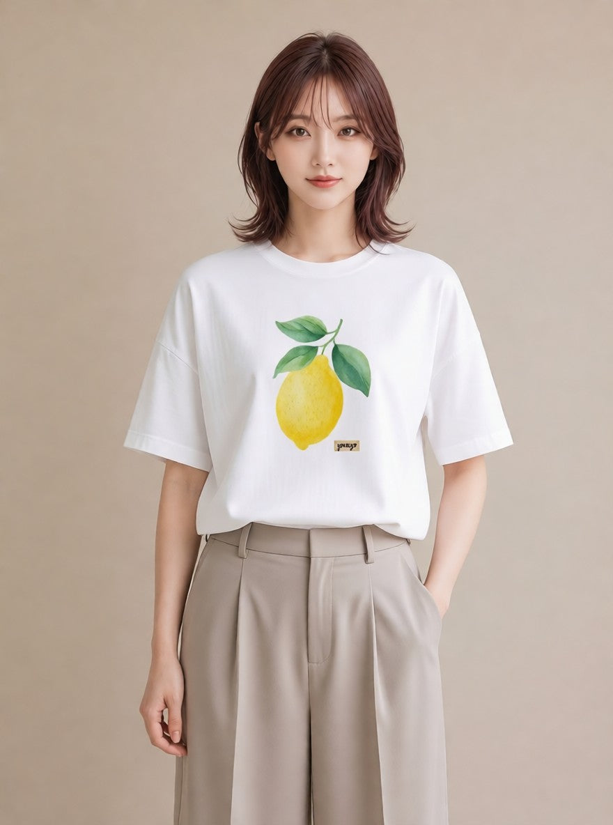 Tシャツ レディース レモン 檸檬 食べ物 フード イラスト アート風 デイリーウェア 休日 白T YMAZO