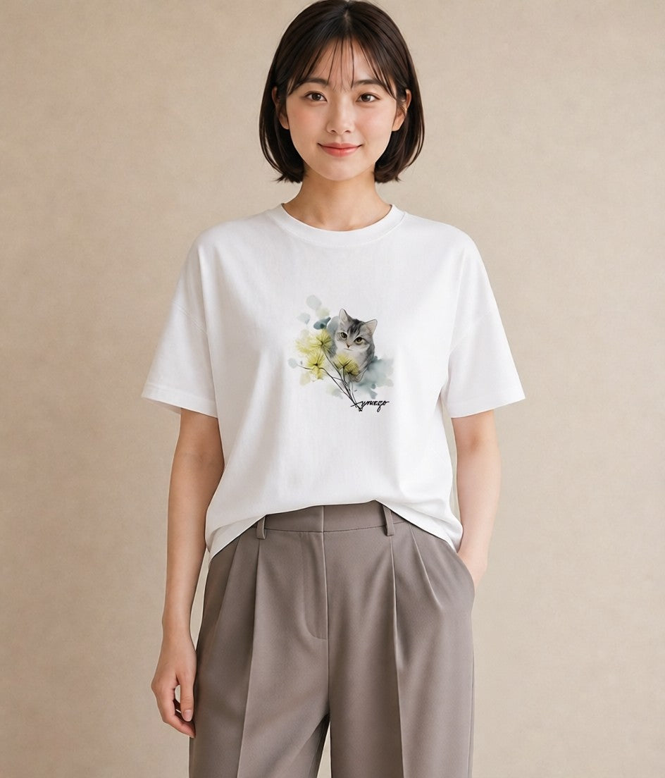 グラフィックTシャツ レディース 子猫 猫 ねこ イラスト 上品 ホワイトデー 春服 白T YMAZO