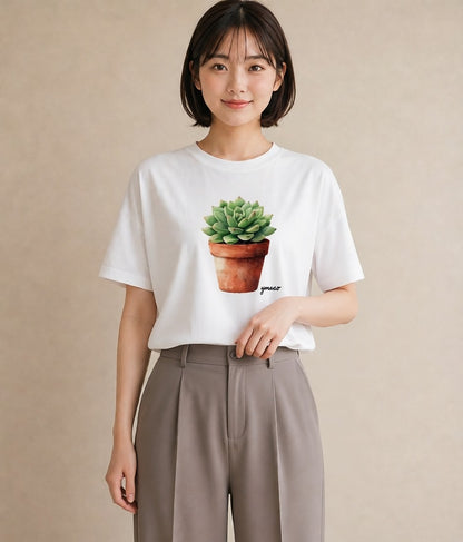 デザインTシャツ レディース 多肉植物 植物 ボタニカル イラスト シンプル 公園 ママ 白T YMAZO