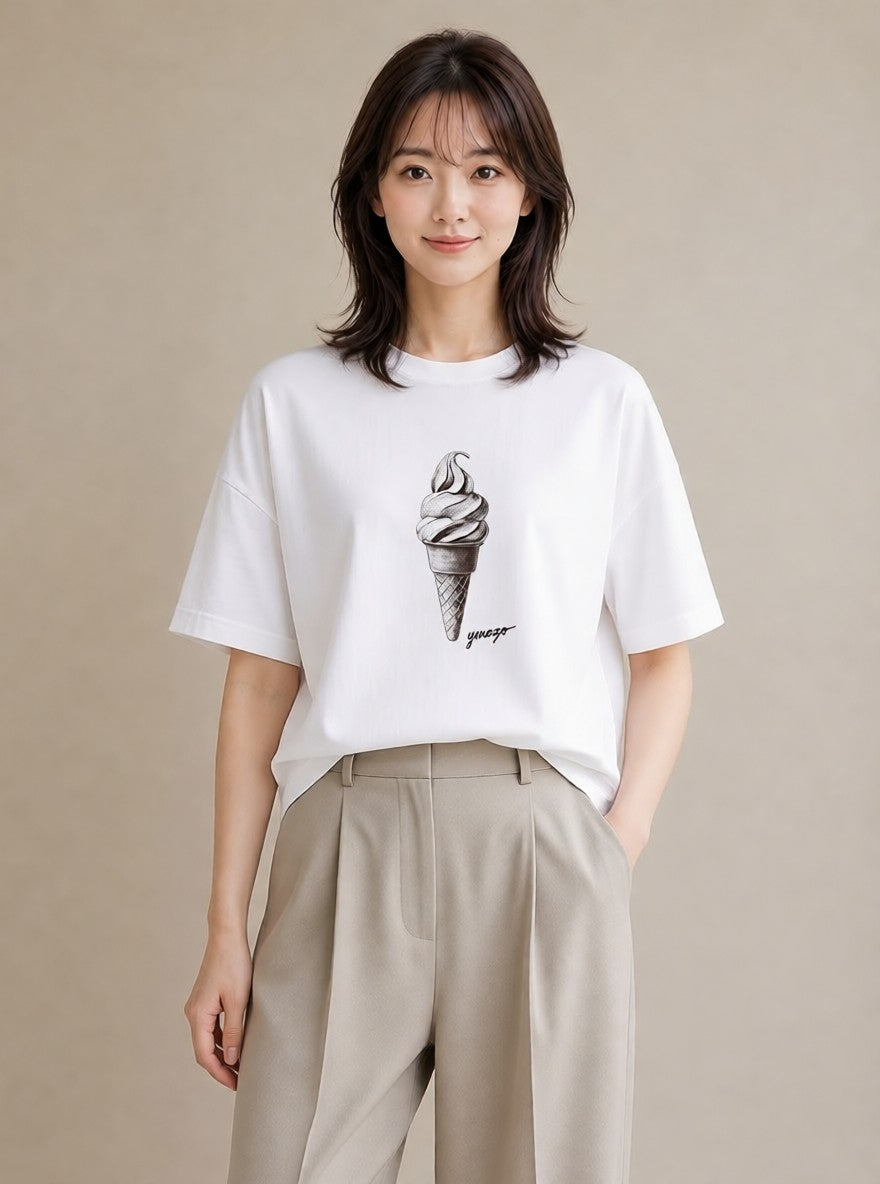 Tシャツ レディース ソフトクリーム 食べ物 フード イラスト カジュアル 公園 ママ 白T YMAZO