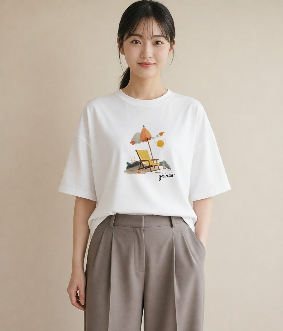 Tシャツ レディース 海 リゾート 夏 イラスト ラフカジュアル お出かけ 普段着 白T YMAZO