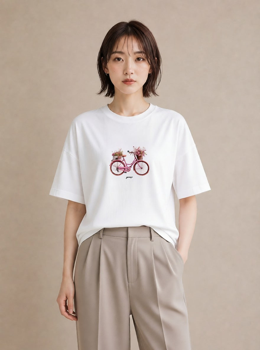 デザインTシャツ レディース 自転車のかご 自転車 花かご ナチュラル アンティーク イラスト きれいめ 在宅 公園 白T YMAZO