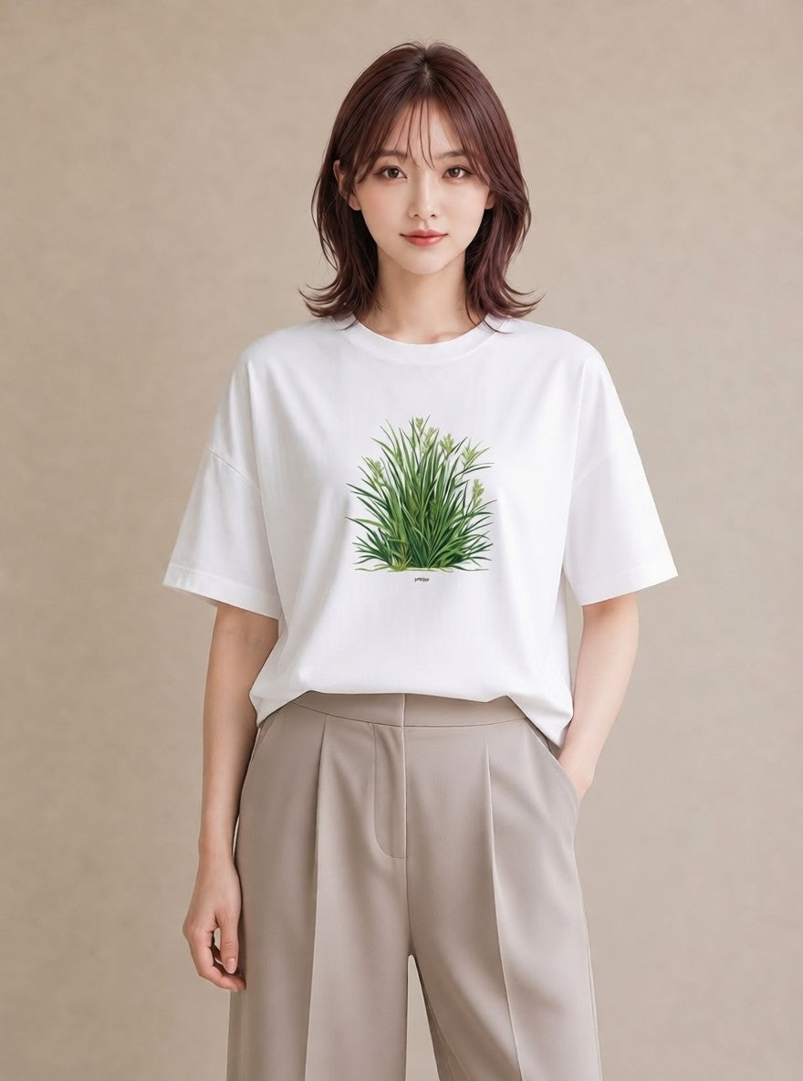 半袖Tシャツ レディース 芝生 植物 ボタニカル イラスト 送別ギフト 通勤 白T YMAZO