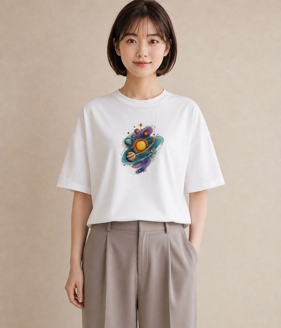 デザインTシャツ レディース 土星 星空 宇宙 イラスト ボタニカル 夏コーデ 通学 白T YMAZO