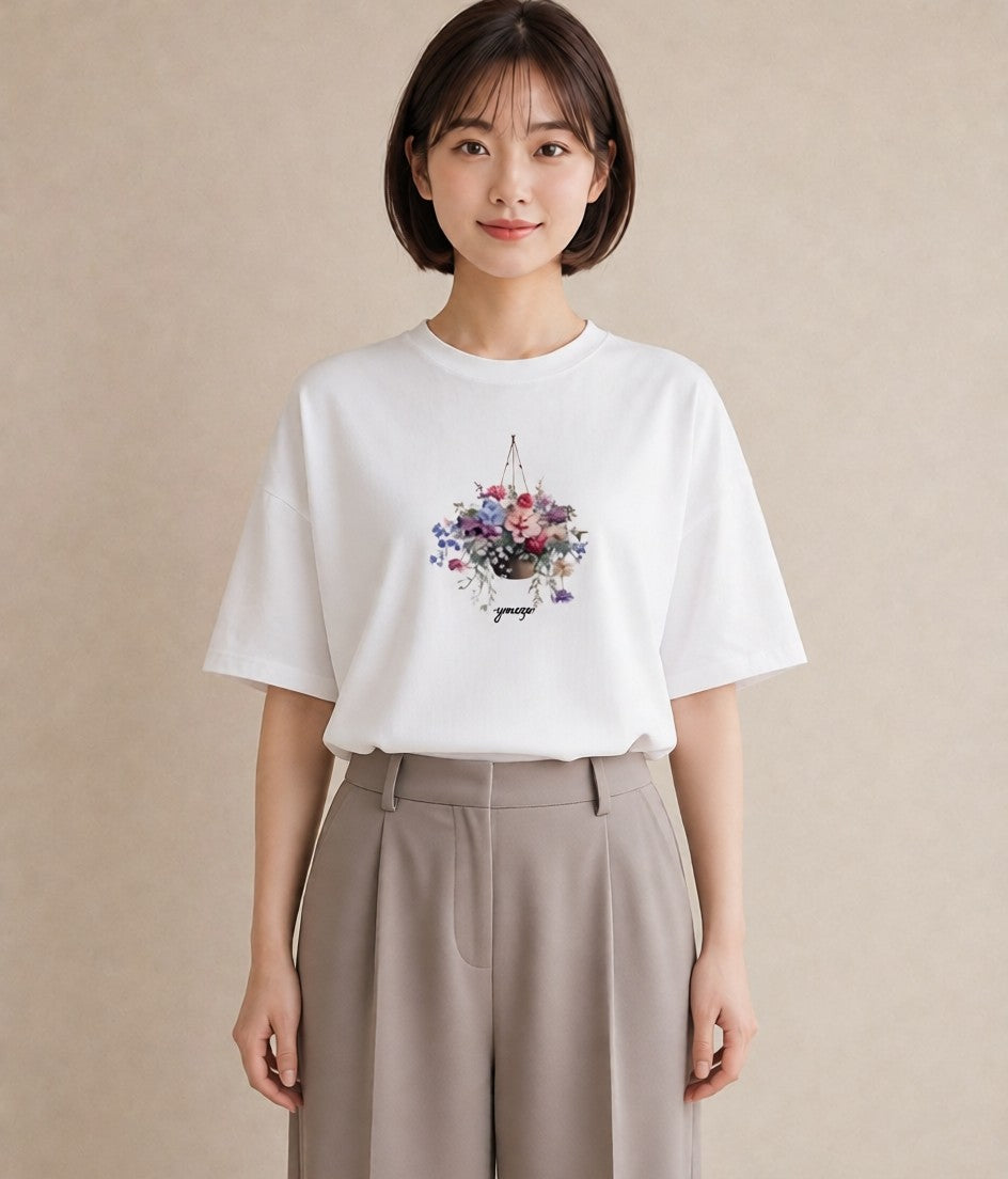 半袖Tシャツ レディース 自転車のかご 自転車 花かご ナチュラル アンティーク イラスト きれいめカジュアル ビーチ デイリーウェア 白T YMAZO