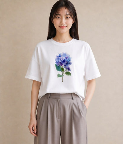 プリントTシャツ レディース あじさい 紫陽花 アジサイ 花 花柄 イラスト 上品 友達ギフト 部屋着 白T YMAZO