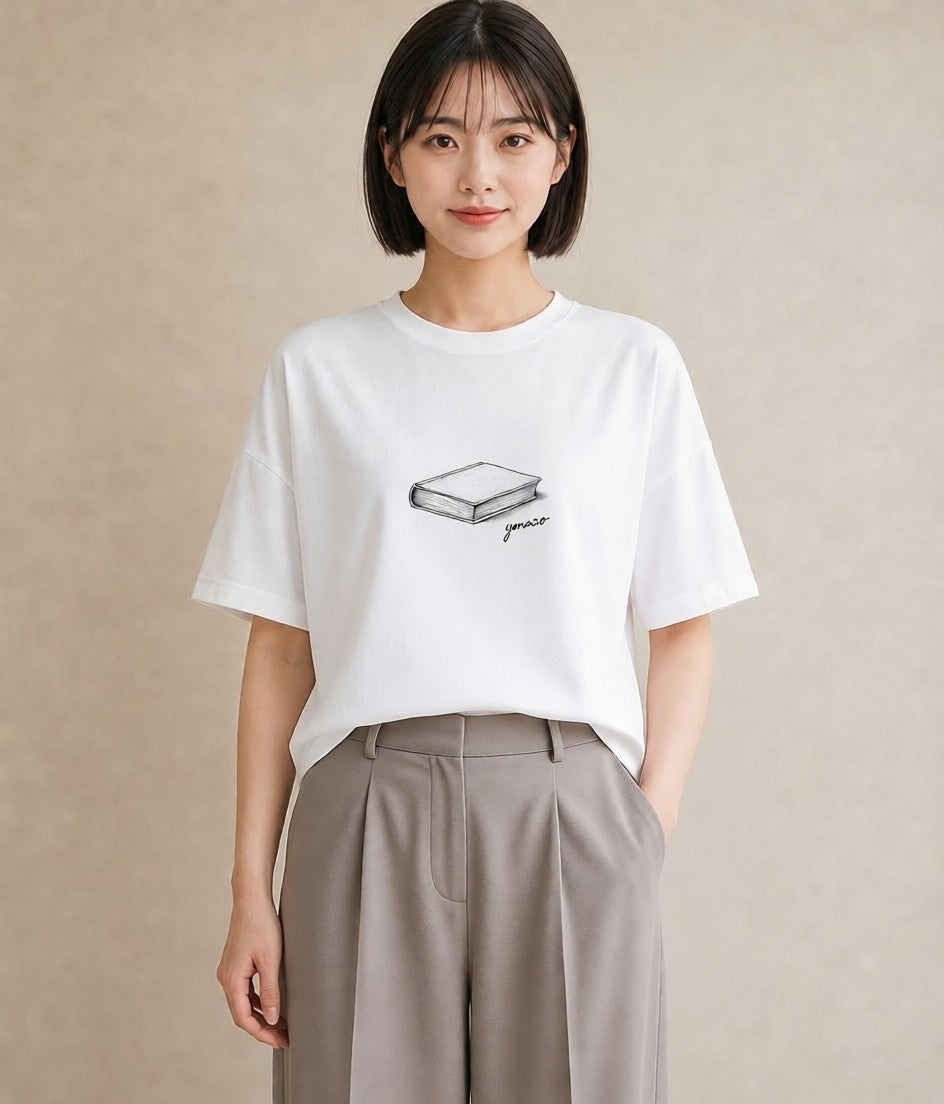 デザインTシャツ レディース 本 読書 ブック イラスト 水彩風 ラフ レイヤード 白T YMAZO