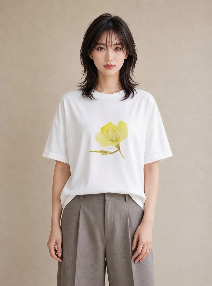 Tシャツ レディース パンジー 花 花柄 イラスト ゆるかわ 普段着 週末コーデ 白T