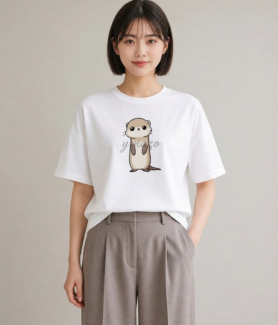 半袖Tシャツ レディース コツメカワウソ 動物 アニマル イラスト シンプル 普段着 週末コーデ 白T YMAZO