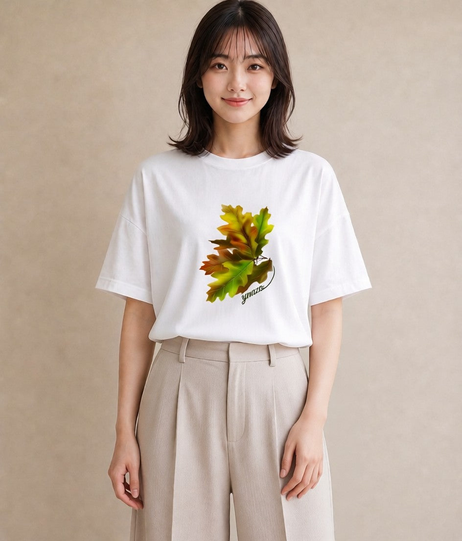 グラフィックTシャツ レディース 落ち葉 植物 ボタニカル イラスト ミセス 春コーデ 白T YMAZO