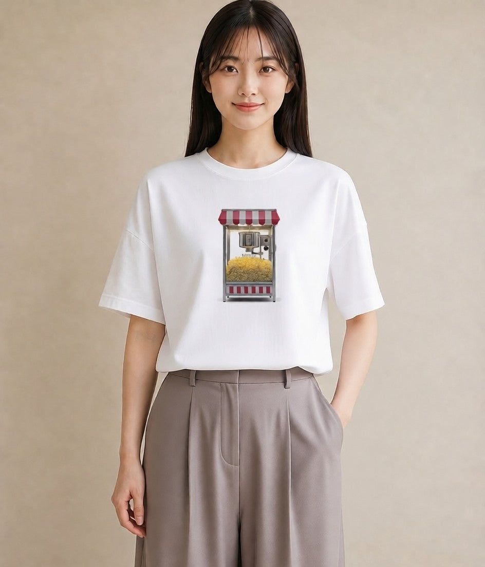 プリントTシャツ レディース ポップコーン 食べ物 フード イラスト ラフカジュアル 通勤 在宅 白T YMAZO