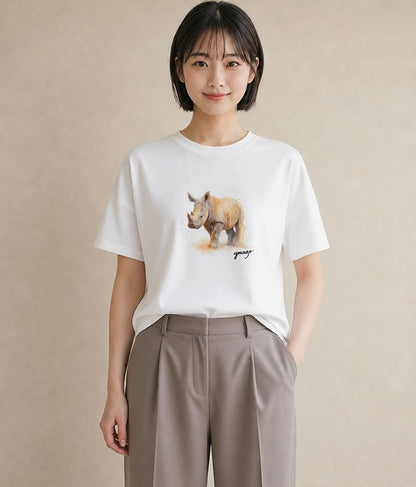 プリントTシャツ レディース カバ 動物 アニマル イラスト 普段使い 在宅 公園 白T YMAZO