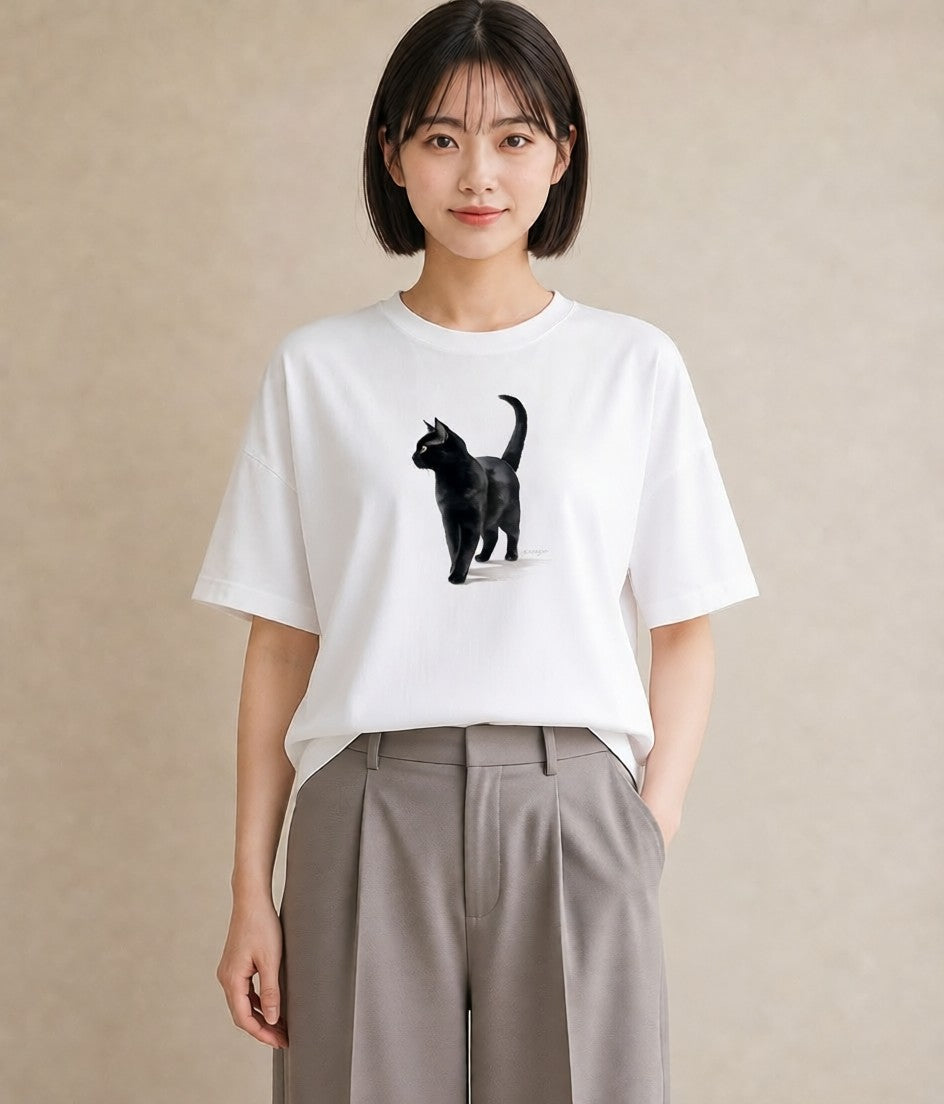 半袖Tシャツ レディース アメリカンショートヘア 猫 ねこ イラスト フェミニン 社会人 女性 白T YMAZO