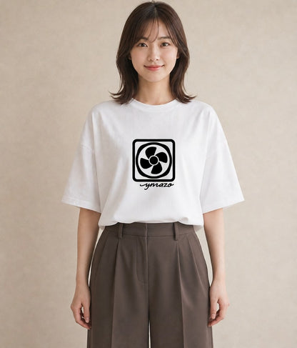プリントTシャツ レディース 扇子 そよ風 ナチュラル アンティーク イラスト アート風 公園 ママ 白T YMAZO