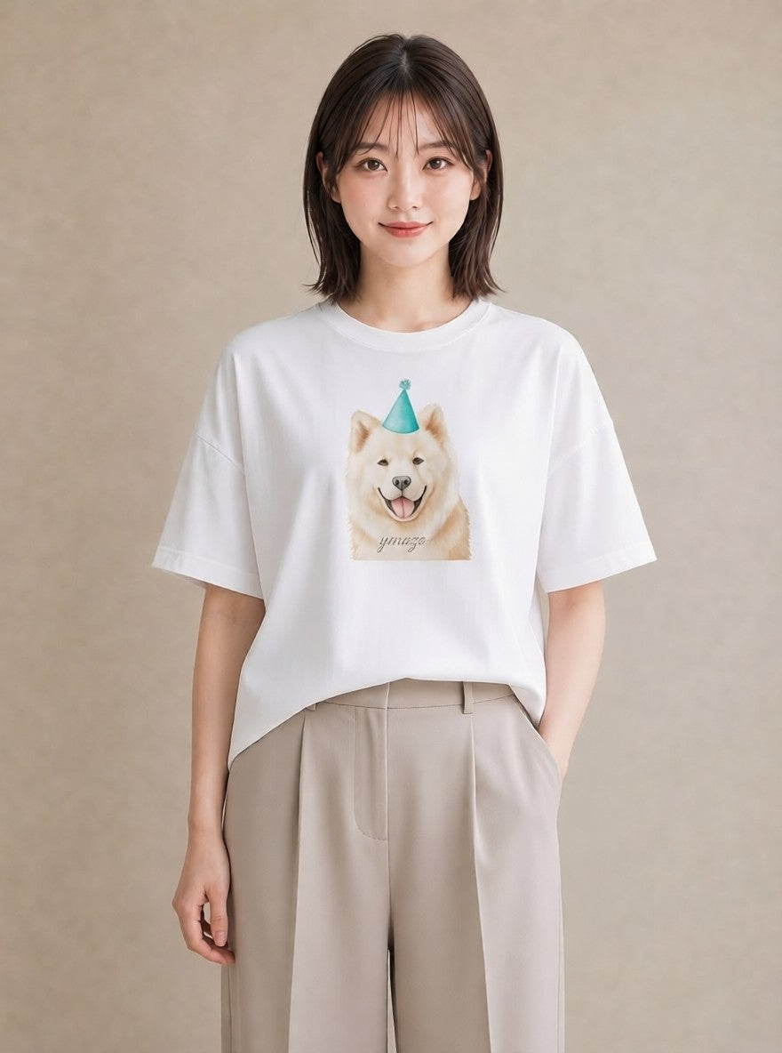 半袖Tシャツ レディース サモエド 犬 いぬ イラスト 可愛い 母の日 ビーチ 白T YMAZO