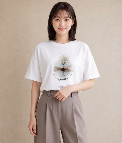 半袖Tシャツ レディース 桟橋 水辺 波止場 ナチュラル アンティーク イラスト ガーリー カフェ服 クリスマス 白T YMAZO