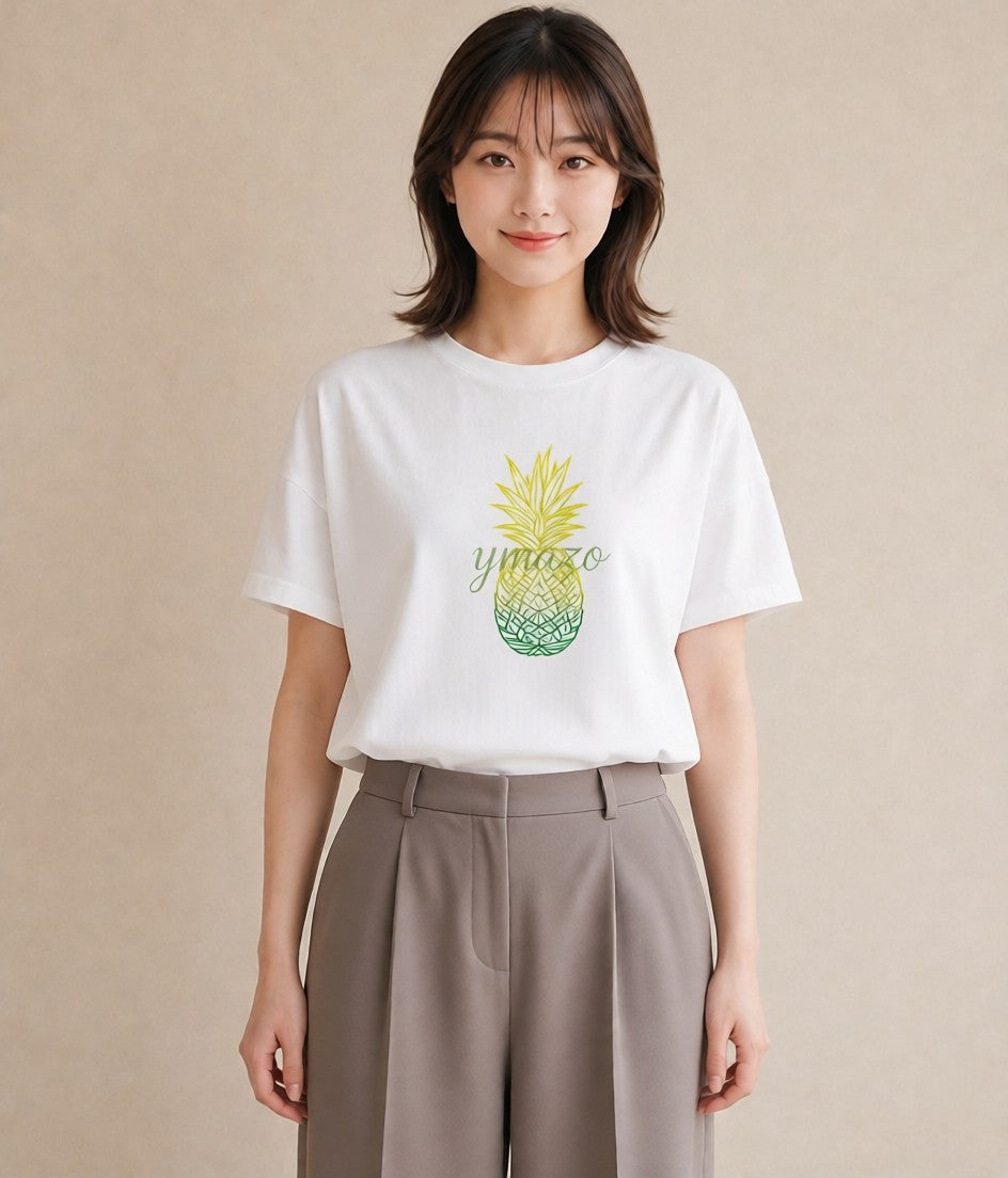 Tシャツ レディース パイナップル 食べ物 フード イラスト シック 送別ギフト 通勤 白T YMAZO