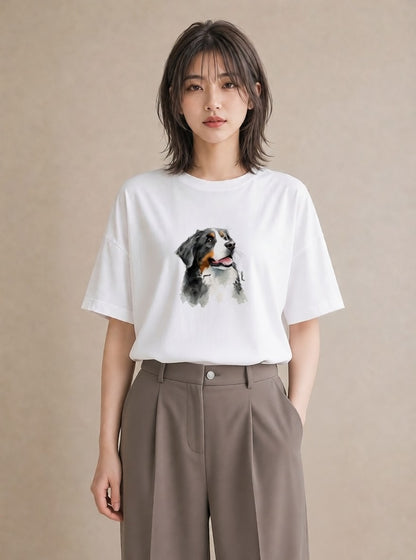 デザインTシャツ レディース バーニーズマウンテンドッグ 犬 いぬ イラスト 北欧風 ミセス 春コーデ 白T YMAZO