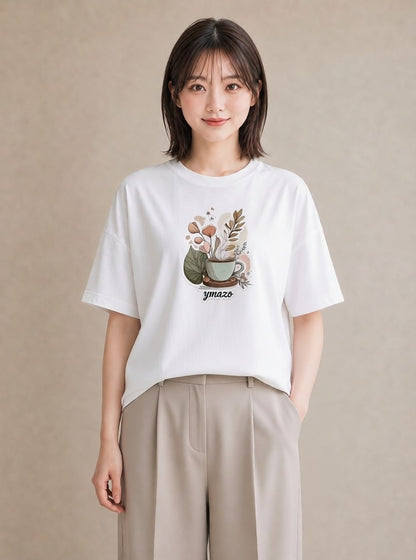 Tシャツ レディース カフェオレ 食べ物 フード イラスト ナチュラル 在宅 公園 白T YMAZO