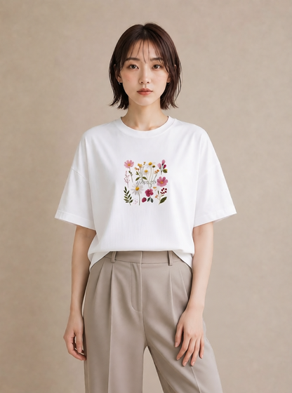 半袖Tシャツ レディース コスモス 秋桜 花 花柄 イラスト 線画 女性 旅行用 白T