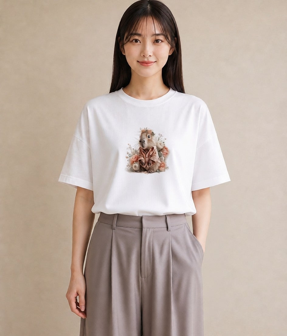 半袖Tシャツ レディース ジャンガリアンハムスター ペット 動物 イラスト 可愛い 公園 ママ 白T YMAZO