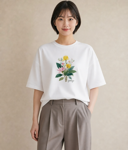 デザインTシャツ レディース 蓮 花 花柄 イラスト レトロ 部屋着 女性向けギフト 白T