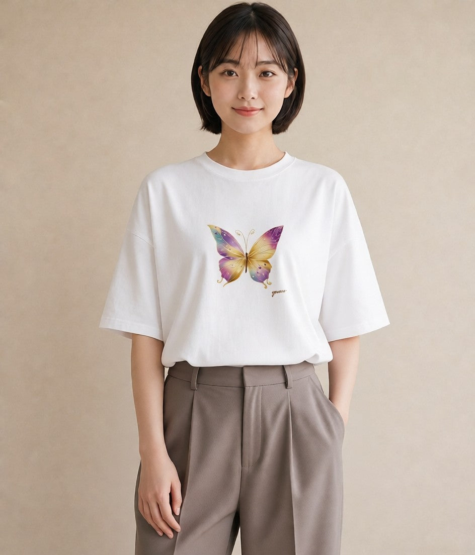 プリントTシャツ レディース ちょうちょ 蝶 バタフライ 昆虫 虫 イラスト きれいめ ホワイトデー 春服 白T YMAZO
