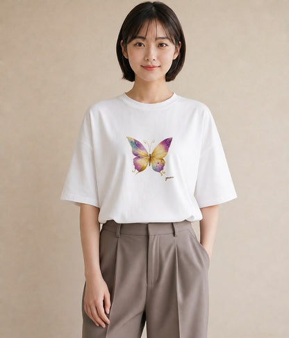 プリントTシャツ レディース ちょうちょ 蝶 バタフライ 昆虫 虫 イラスト きれいめ ホワイトデー 春服 白T YMAZO