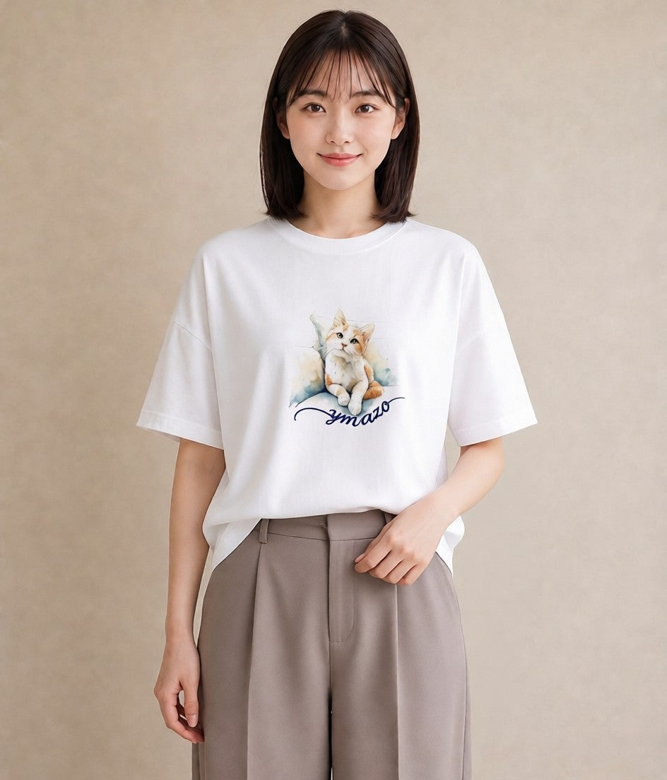 グラフィックTシャツ レディース ぶち猫 猫 ねこ イラスト シック クリスマス 旅行 白T YMAZO