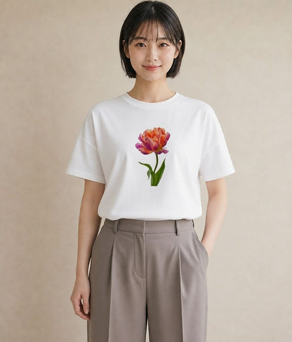 プリントTシャツ レディース チューリップ 花 花柄 イラスト シック ミセス 春コーデ 白T YMAZO
