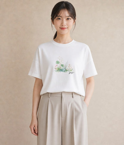 Tシャツ レディース 芝生 植物 ボタニカル イラスト 休日コーデ ホワイトデー 春服 白T YMAZO