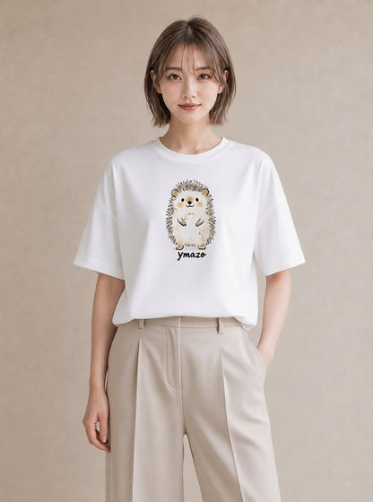 半袖Tシャツ レディース ハリネズミ ペット 動物 イラスト カジュアル 友達ギフト 部屋着 白T YMAZO