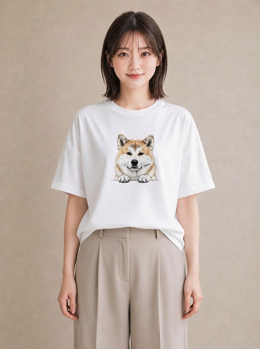 プリントTシャツ レディース 秋田犬 犬 いぬ イラスト 個性的 送別ギフト 通勤 白T YMAZO