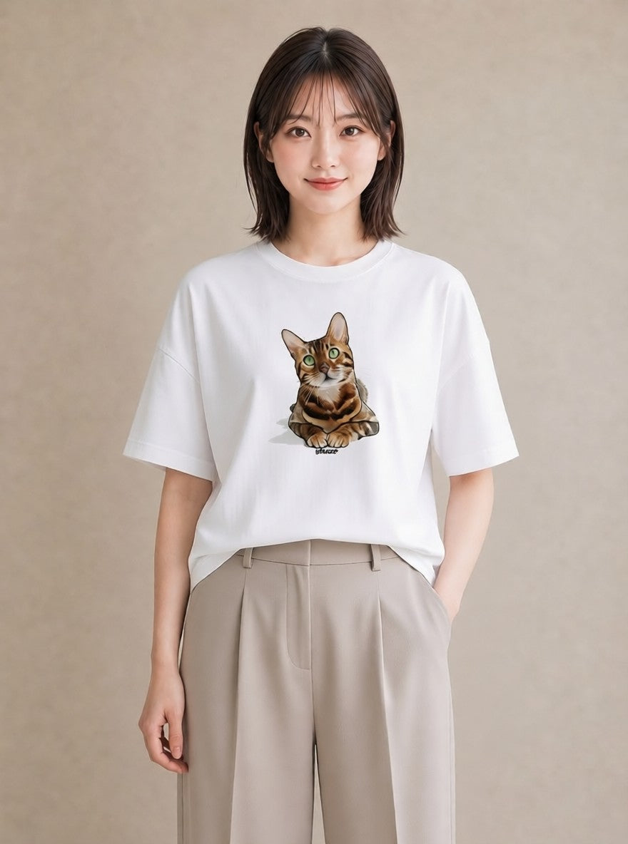 Tシャツ レディース しっぽ 猫 ねこ イラスト アート風 カフェ巡り 女子会 白T YMAZO