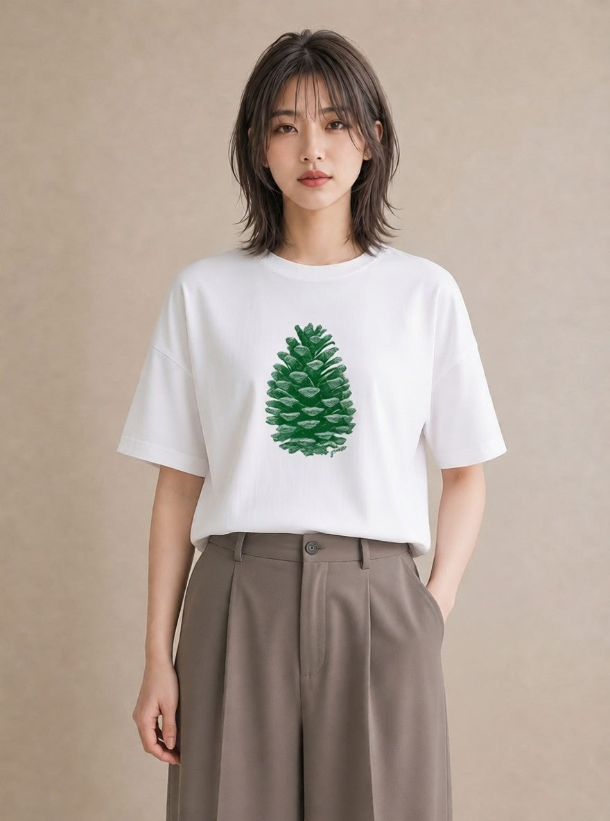 半袖Tシャツ レディース 松ぼっくり 植物 ボタニカル イラスト 抜け感 親子 20代 白T YMAZO