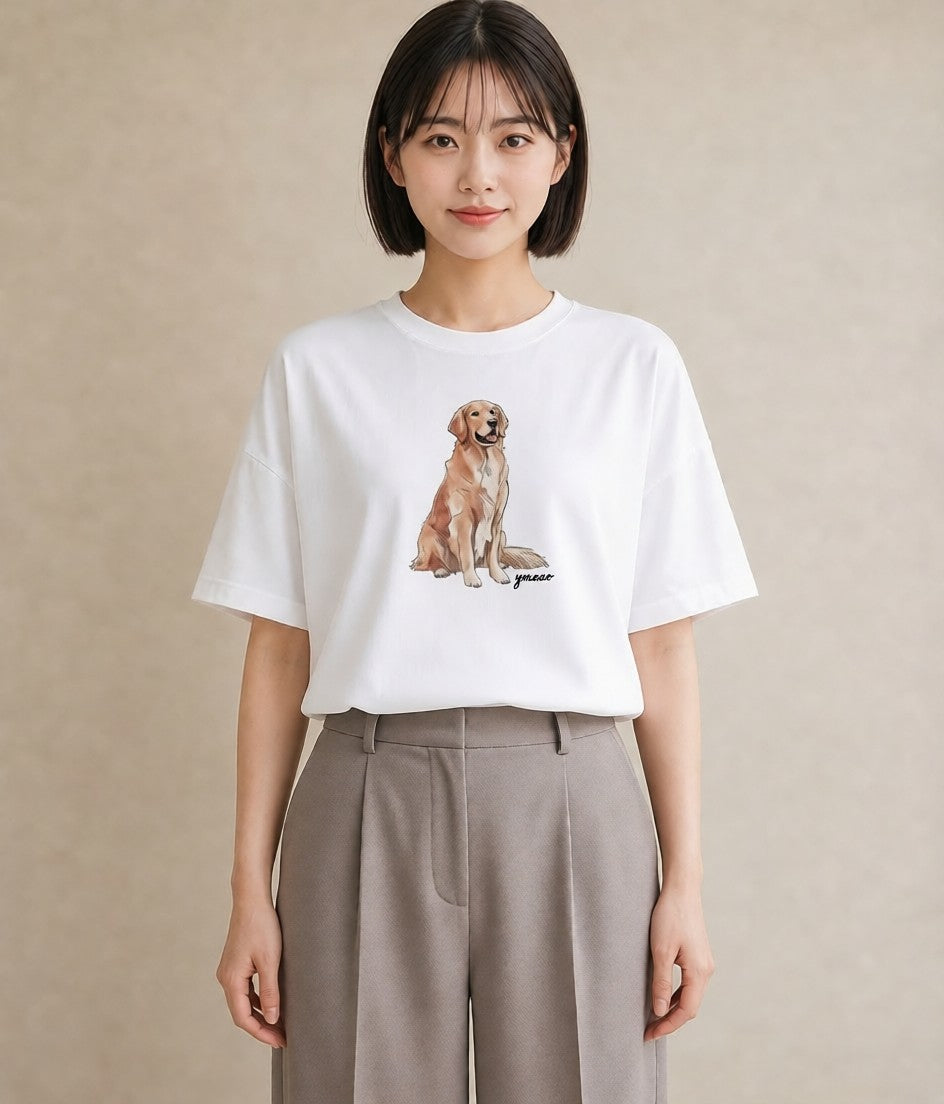 デザインTシャツ レディース ゴールデンレトリバー ゴールデン 犬 いぬ イラスト ラフカジュアル ペアコーデ 秋コーデ 白T YMAZO